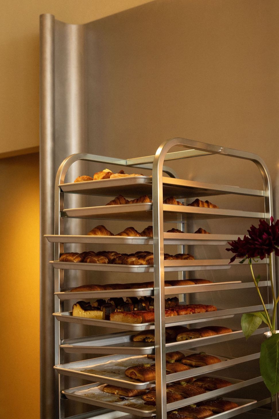 A stainless steel rack of pastries