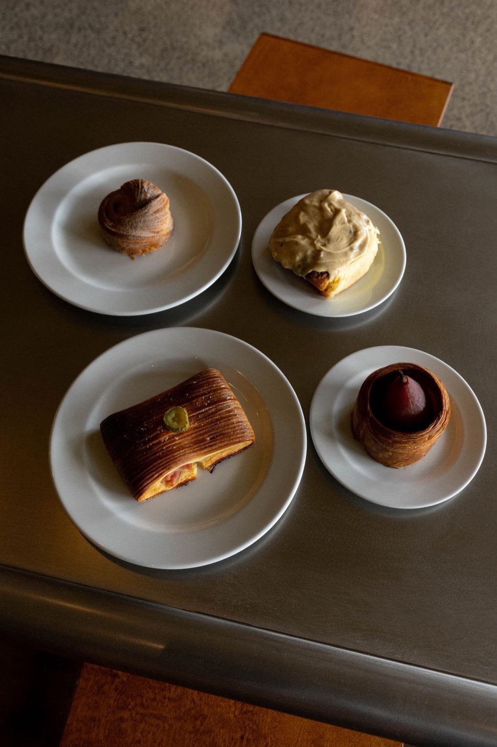 Pastries on plates, from above